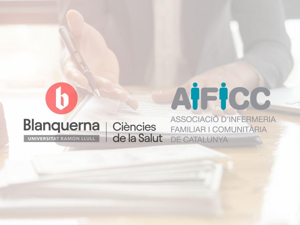 Imatge de recurs d'una persona que ofereix la mà per signar un acord i els logotips de la Facultat de Ciències de la Salut i de l'AIFICC a sobre de la imatge