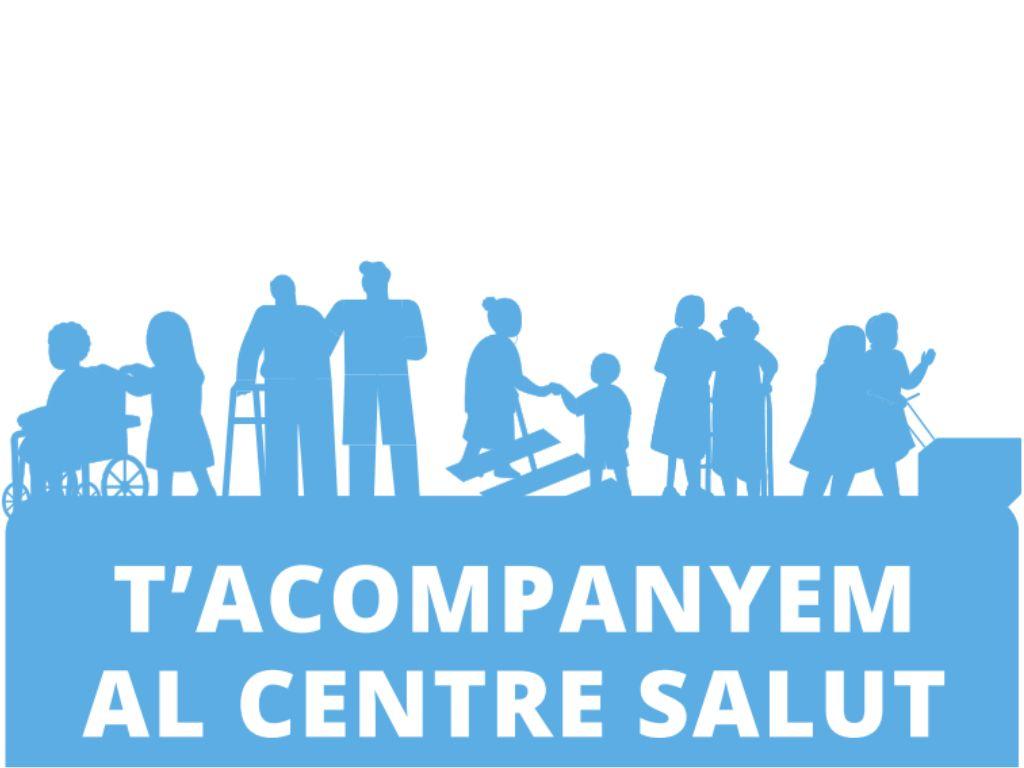 Cartell del projecte. es veuen siluetes en blau i es llegeix "T'acompanyem al centre salut"